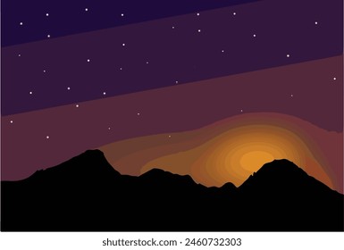Sky with stars. Starry sky with mountain landscape, sunset sky, stardust and clouds. Vector illustration