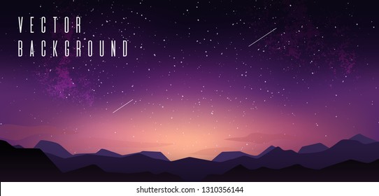 Sky with stars. Starry sky with mountain landskape, sunset sky, stardust and clouds. Vector illustration