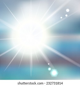 Sky with summer sun burst with halftone effect. Vector illustration.