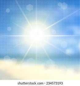 Sky with summer sun burst with halftone effect. Vector illustration.