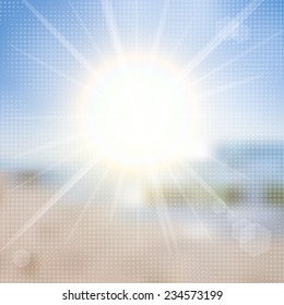Sky with summer sun burst with halftone effect. Vector illustration.