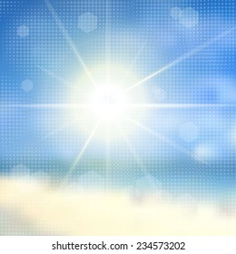 Sky with summer sun burst with halftone effect. Vector illustration.