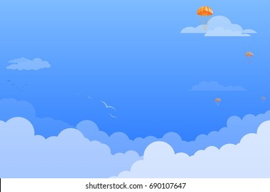 Sky in summer, white clouds, beautiful color balloons, birds fly in comfort. - Graphic design for prints. - Learning mat for children. - Space to fill text.