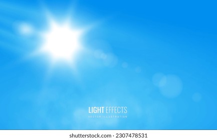 Sky and sun background for design. Template for releases of summer products. Vector illustration of a realistic clear sky with clouds