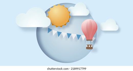 Sky with sun, clouds, Hot air balloon and bunting flags. Paper cut out style.