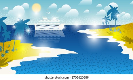 in the sky with sun and clouds, seagulls fly over a sea cruise liner, which is reflected in the water of the ocean and floats near the sandy shores with palm trees and bushes. flat design. vector