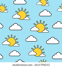 Sky with sun and clouds seamless pattern. Vector illustration.