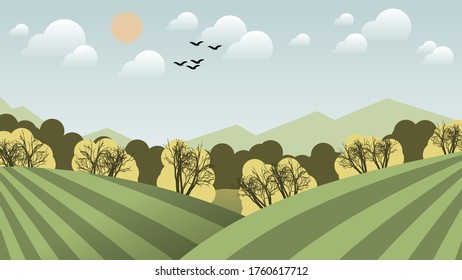 in the sky with the sun and clouds silhouettes of birds flying over fields, hills, trees, forest and mountains. summer landscape. flat design. vector.

