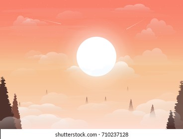 Sky with sun and clouds,landscape illustration with vibrant color.