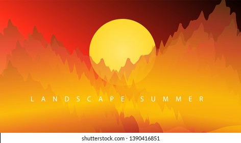 Sky with sun. Landscape with mountains. Sunset. Mountain area. Abstract background. Vector illustration 