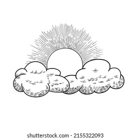 The sky, the sun peeks out from behind the clouds. Doodle style vector sketch isolated on white background.