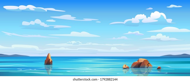 Sky and sun at sea background, ocean and beach vector island scenery empty flat cartoon. Ocean or sea water with waves and clouds in sky, summer blue seascape with cloudy sky and seaside panorama