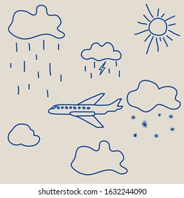 Sky sun snow doodle lightning rain snowflakes sign icon sign Hand drawn Flight of an airplane in different weather Children's style Fashion print clothes apparel greeting invitation card badge banner