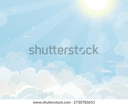 Sky Sunny Sun Cartoon Background, Cloudy Landscape In Abstract Vector Style, Summer Nature Easter Illustration, Spring Light With White Clouds, Children, Star, Blue Color And Flat Blue Sky Design