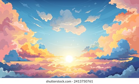 Sky sunset anime background with clouds, that dance across the horizon, creating a breathtaking and serene backdrop. Cartoon vector cumulonimbus cloudscape, heaven, nature peaceful dusk landscape Stockvektor