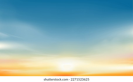 Sky Sunset Background, Sunrise Blue in Summer Morning by Beach,Vector coloud, Sun Dawn in Yellow, Orange over Sea. Horizon beautiful nature sunny in Winter.Dramatic bright light sunshine in Autumn