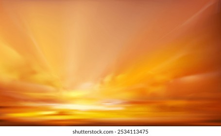 Sky Sunset Beach for Summer Background,Autumn orange, yellow sunrise, cloud over sea,Vector Winter sky with yellow, pink color in evening,Horizon Nature Spring landscape with bright sunlight