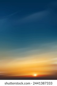 Sky Sunset Blue Sunrise Background With Evening Orange Dramatic Sun At Dawn, Yellow Dusk Season Over Skyline And Sea, Morning Light For Nature Landscape, Travel Banner And Scenic Horizon Design