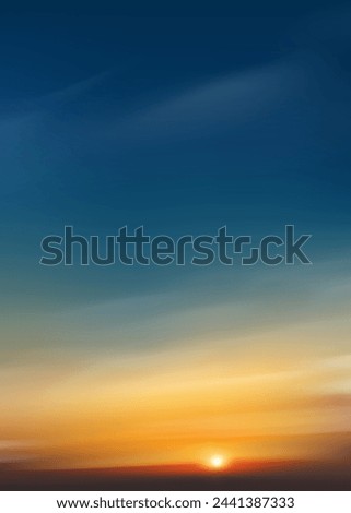 Sky sunset in blue.Sunrise background with dramatic orange and dramatic sun dawn.Evening in yellow dusk sky by sea,Vector nature in Autumn with horizon sea, skyline by beach for Spring landscape banner