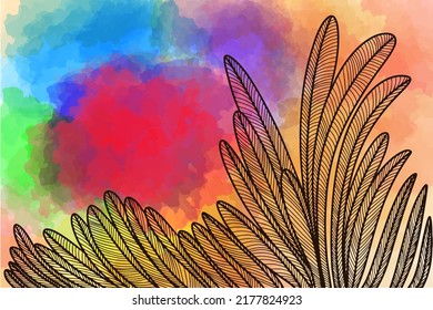 The sky at sunset, bushes, landscape, graphics, pattern, painting with strokes, red and yellow tones, vector illustration, watercolor background