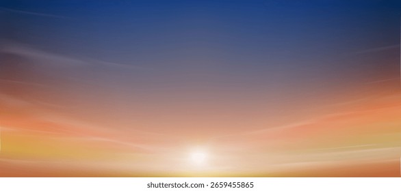 Sky Sunset At Evening With Colorful Background. Sunrise With Blue Clouds And Light, Summer Dusk With Yellow Orange Golden Hour, Dawn Horizon Scenery For Travel,Vector Nature Banner And Wallpaper