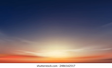 Sky Sunset Evening With Sun Going Down, Clear Background Vector For Beach Summer Banner, Nature Illustration, Spring Winter Landscape With Clouds, Colorful Horizon And Seasonal Coastal Scene