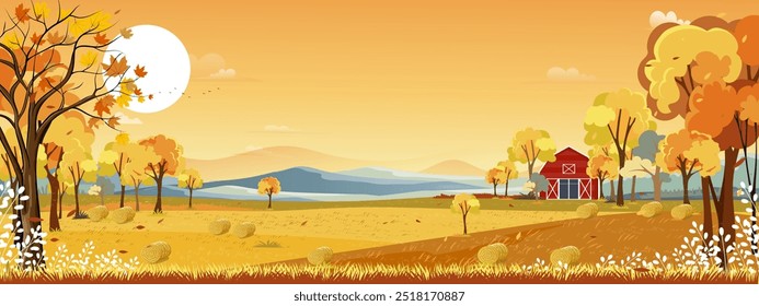 Sky Sunset,Cloud Background,Autumn landscape farm field, wood barn with sunrise orange sky.Vector Beautiful countryside rural forest, mountain yellow foliage, maple trees in Fall season