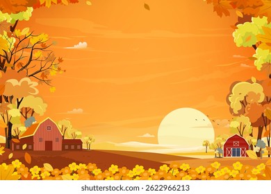 Sky Sunset,Cloud Background,Autumn landscape farm field, wood barn with sunrise orange sky.Vector Beautiful countryside rural forest, mountain yellow foliage, maple trees in Fall season