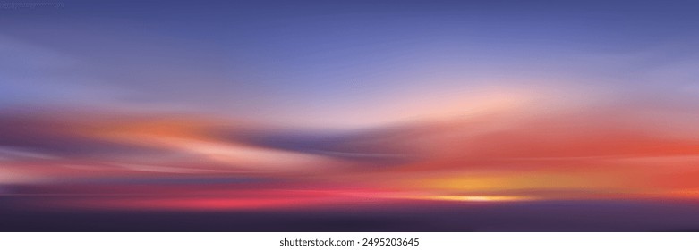 Atardecer del cielo, fondo de la nube, amanecer del otoño en la playa con naranja, rosa, azul. Paisaje de la Naturaleza de invierno Dramática hora dorada con el cielo crepuscular en la tarde después del amanecer del sol, horizonte del Vector Anuncio Luz del sol