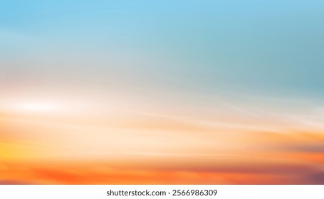 Sky Sunset,Cloud Background.Summer Sunrise sky in blue,yellow,orange over sea in morning,Vector cartoon sundown on beach in evening,Horizon beautiful Spring nature of dramatic sunny.Winter climate sky