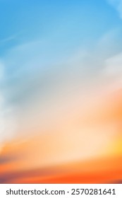 Sky Sunset,Cloud Background.Summer Sunrise sky in blue,yellow,orange over sea in morning,Vector cartoon sundown on beach in evening,Spring sky dramatic sunny.Winter climate for Nature Background