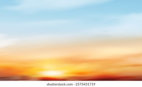 Sky Sunset,Cloud Background.Summer Sunrise sky in blue,yellow,orange over sea in morning,Vector cartoon sundown on beach in evening,Horizon beautiful Spring nature of dramatic sunny.Winter climate sky