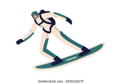 Sky surfer, diver with parachute backpack, surfing, floating in air, standing on board at height. Extreme skydiving. Flat vector illustration of skysurfer, skydiver isolated on white background