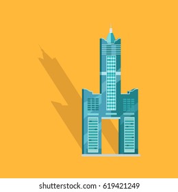 Sky Tower skyscraper Tanteks in Taiwan isolated on yellow. Vector illustration of two separate buildings connecting to each other and holding towering central belfry, beneath which some empty space.