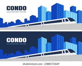 Tren aéreo en el fondo de la ciudad, construcción con tren, concepto de banner continuo, ilustración vectorial