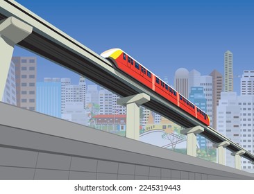 sky train in the city, blue sky and city background vector design
