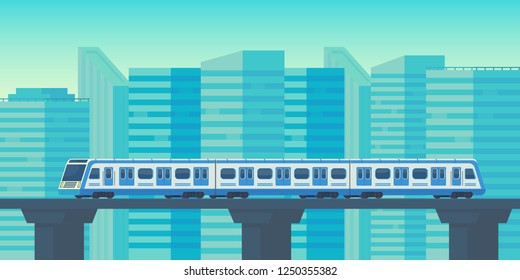 Sky train moving to station in city. Mass rapid transit system. Public transport. Vector flat illustration.