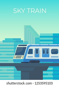 Sky train moving to station in city. Mass rapid transit system. Public transport. Vector flat illustration.