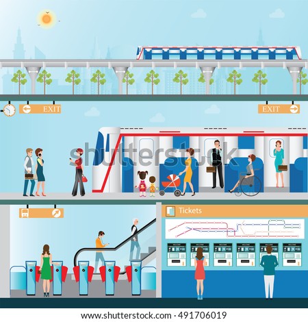 Sky train station with people ,ticket vending machines, Railway Map, Entrance of railway station, platform and sky train on city view background, business travel, transportation vector illustration.