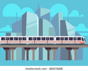 Sky Train, Subway Landscape Flat Concept. Vector train transportation concept on city backdrop