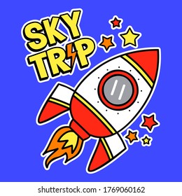 TEXTO DEL VIAJE DE CIELO, ILUSTRACIÓN DEL VECTOR DE UN BARCO ESPACIAL CON ESTRELLAS, IMPRESIÓN DE LEMA