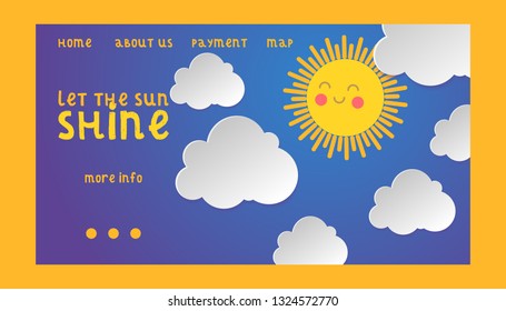 Sky vector cloudy sunny landing web page backdrop and blue skyline heaven clouds wallpaper web-page weather illustration set of cloudscape with fluffy background