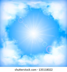 Sky vector design with white fluffy clouds, sun, blur, light effects on a clear summer day. Artistic background with space for text at the backdrop in blue pastel colors