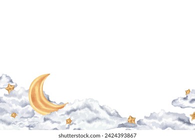 Sky vector Frame Border. Watercolor banner made of clouds and moon with golden stars. Hand drawn on white isolated Background. Free space for text and inscription. Card and invitation template