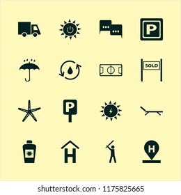 sky vector icons set. with hotel location, hydraulic energy, starfish and parking sign in set