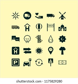 sky vector icons set. with truck, solar energy, hydraulic energy and skiing in set