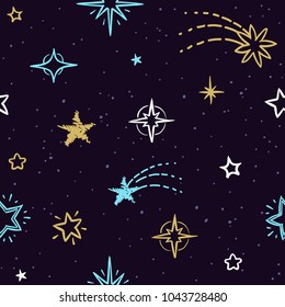 Sky vector seamless pattern with doodle stars. Starry background for homemade christmas gift packing. Star seamless pattern doodle, starry background illustration