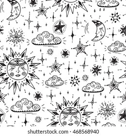 Sky Vector Seamless pattern. Hand Drawn Doodle Sun, Moon (Crescent), Clouds and Stars background