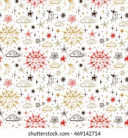 Sky Vector Seamless pattern. Hand Drawn Doodle Sun, Moon (Crescent), Clouds and Stars background