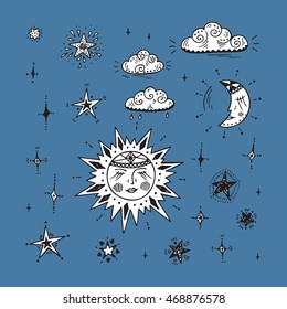 Sky Vector Set. Hand Drawn Doodle Sun, Moon (Crescent), Clouds and Stars